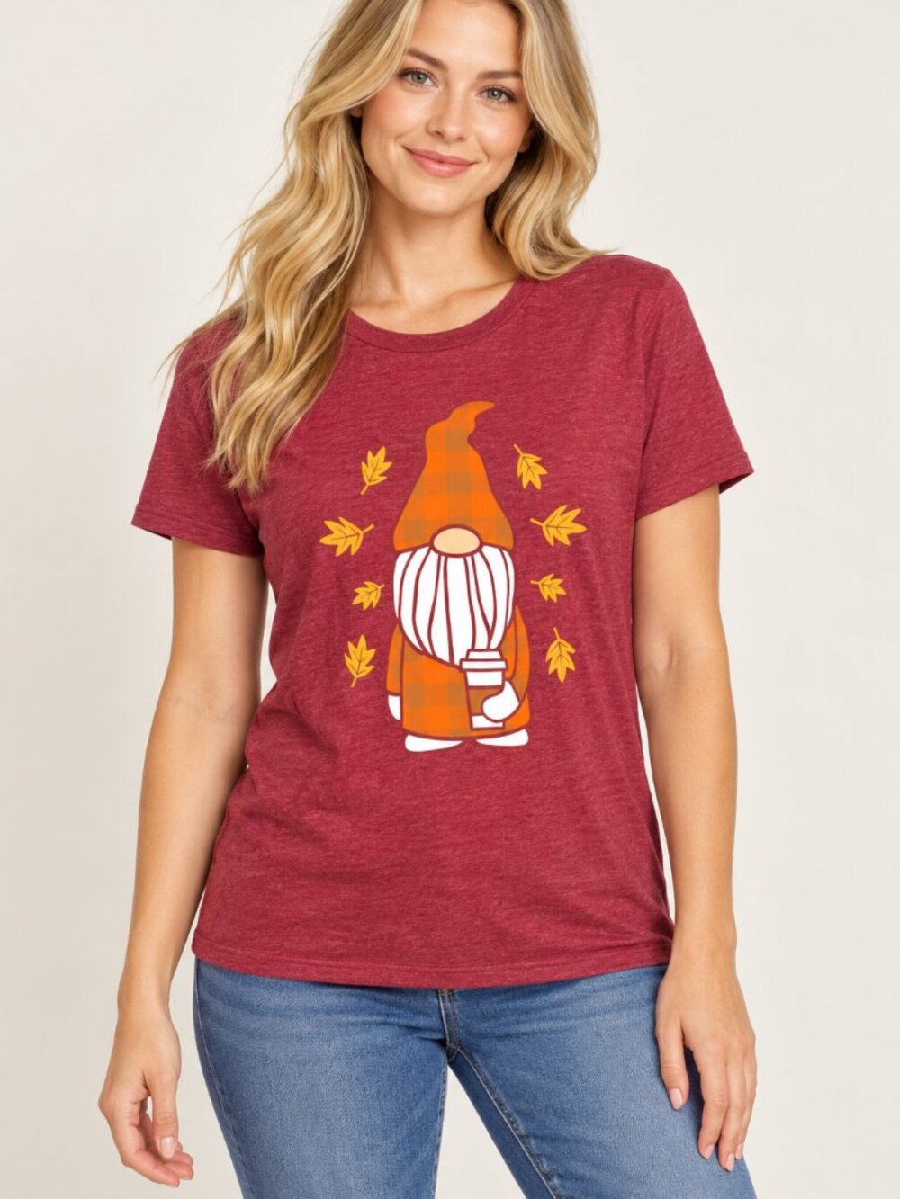 2/$30 Burgundy Fall Gnome Graphic Short Sleeve T-Shirt - Picture 1 of 7
